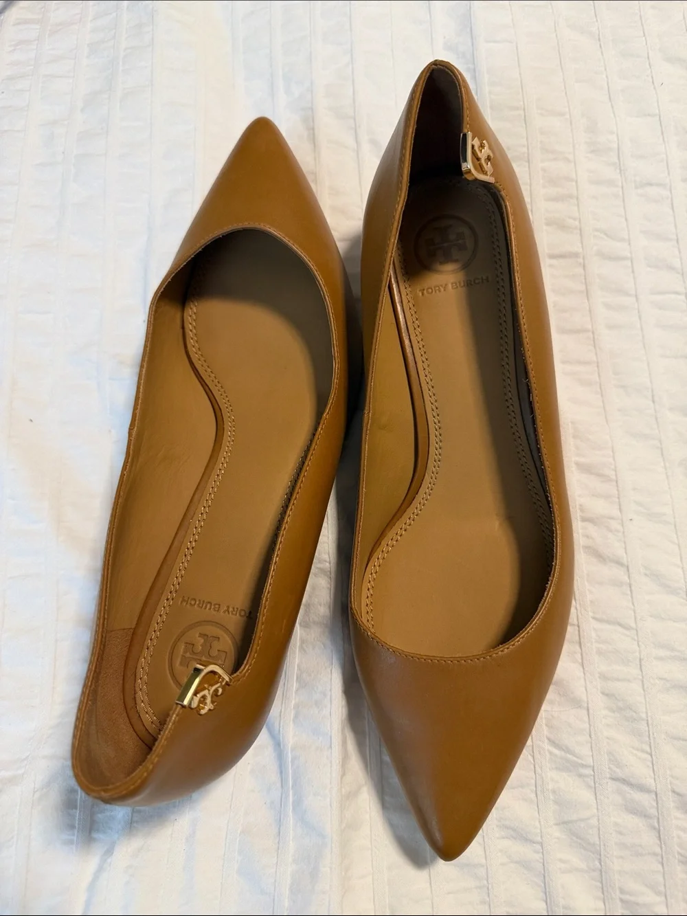Tory Burch Elizabeth Pump Cognac Pointed-Toe Leather Flats size 8 Low Heel